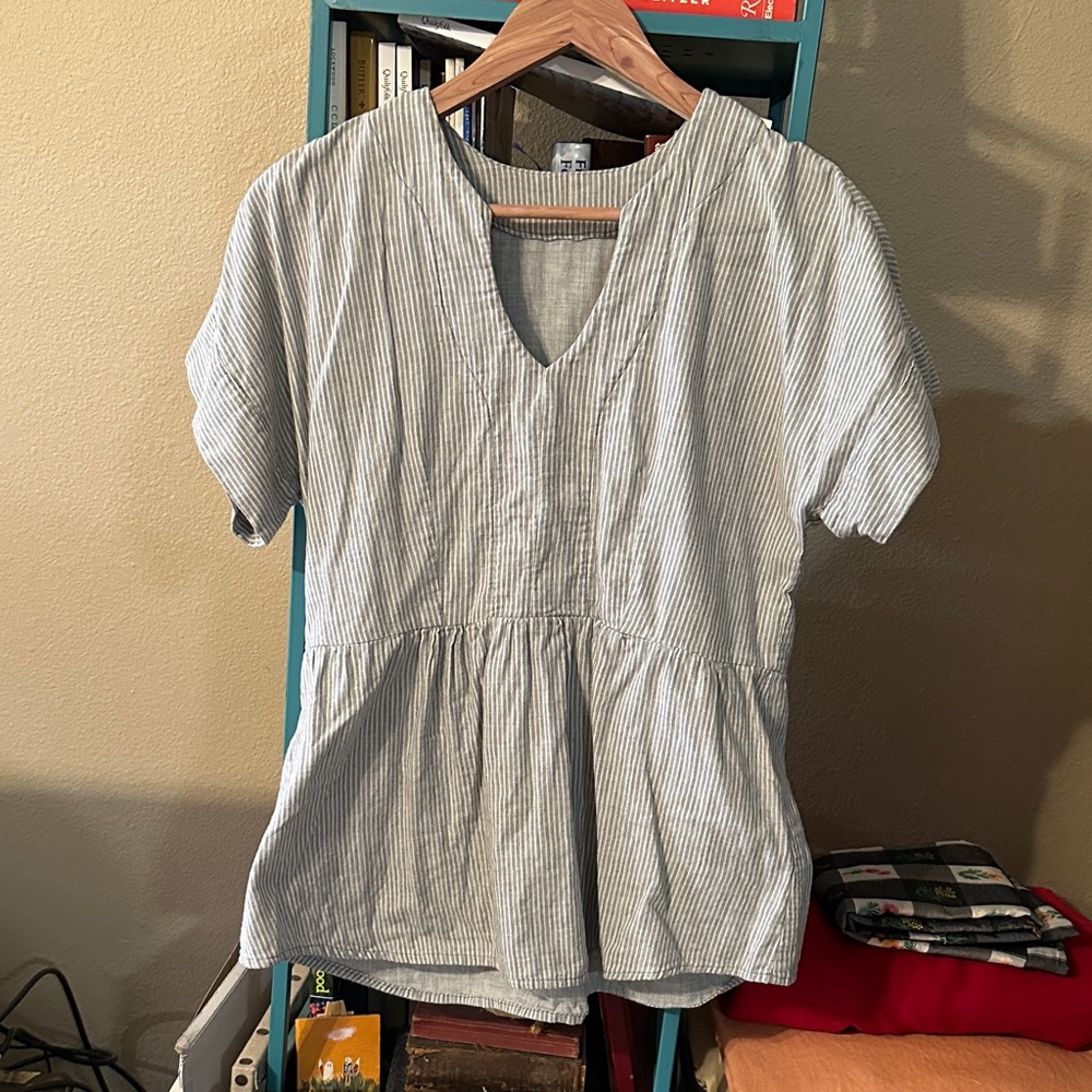 Striped V-Neck Women's cotton gauze tunic top with peplum